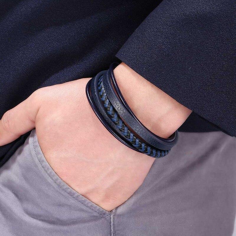 New Men Bracelet Stainless Steel Magnetic Clasp Braided Mutilayer Leather Wrapping Punk Rock Bangles Man Jewelry Gift BB1078