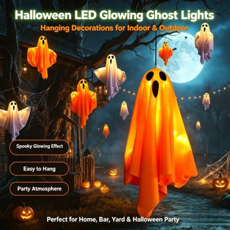 2/1pcs Halloween LED Glowing Ghost Hanging Lights, Horror Haunted House Props, Waterproof Indoor Outdoor Ornaments, Bar Home Party Decoration Supplies