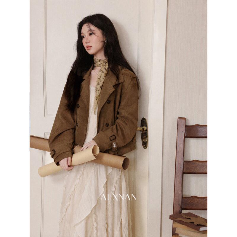 Luxiangnan Women's Maillard Brown Double-Breasted Short Jacket