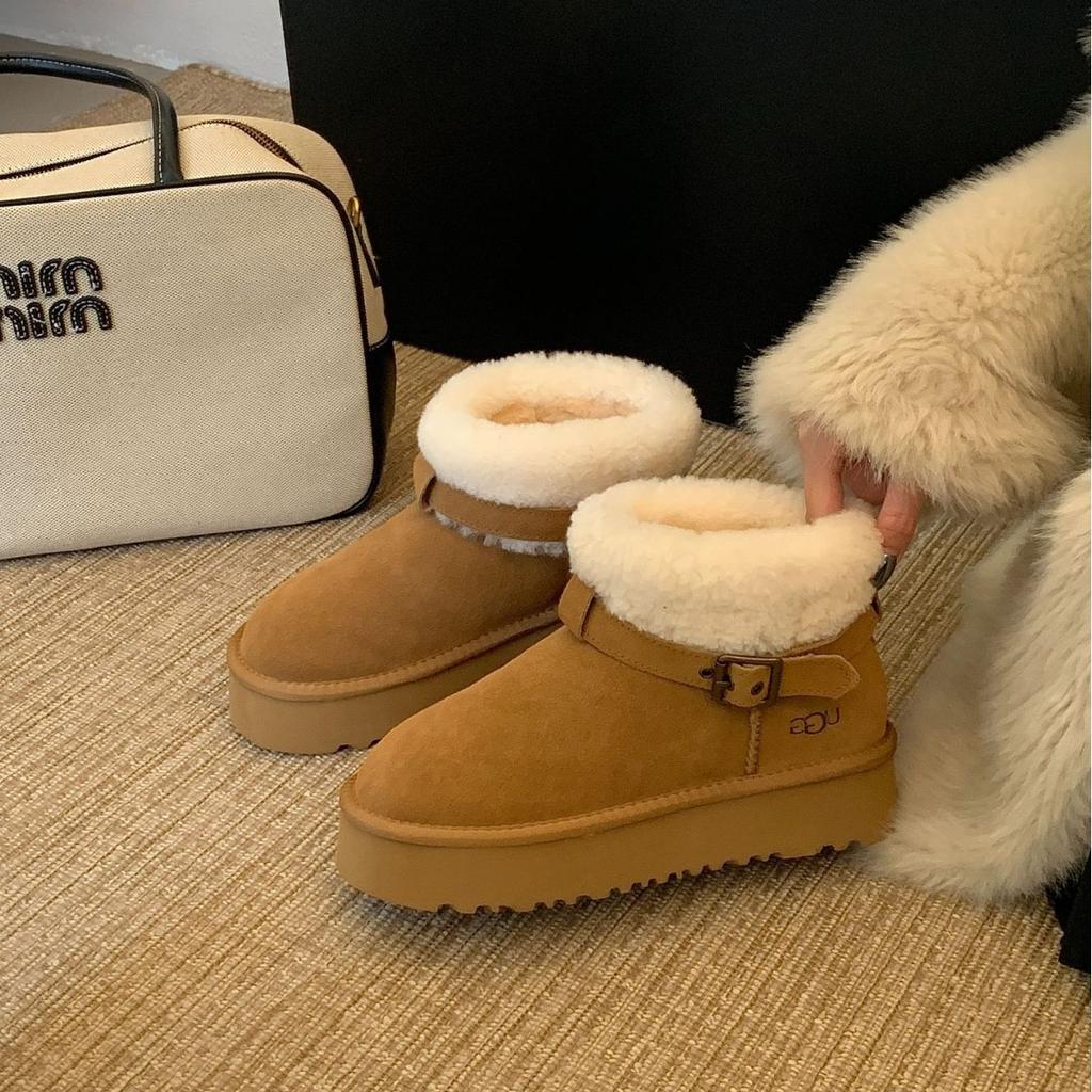 2025 Autumn and Winter New Fashion Versatile Platform Knight Boots Belt Buckle Roll Wool Fur Integrated Snow Boots