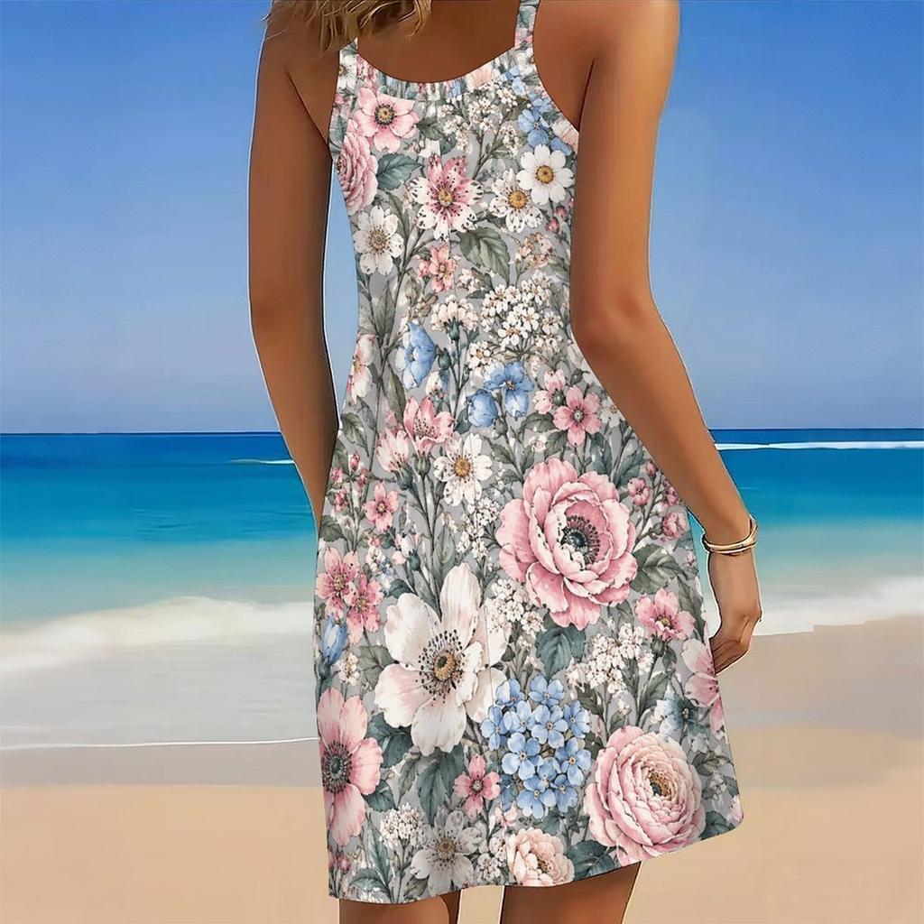 Women Plus Size Scoop Neck Thin Strap Sleeveless Printed Orange Loose Curved Hem Beach Dress