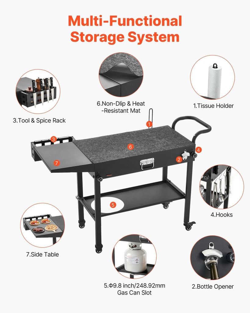 Outdoor Grill Cart, 787 x 432mm Tabletop Size Grilling Table, Foldable Outdoor Cooking Table with Tissue Holder, Hooks, Wheels, Side Table, BBQ Prep