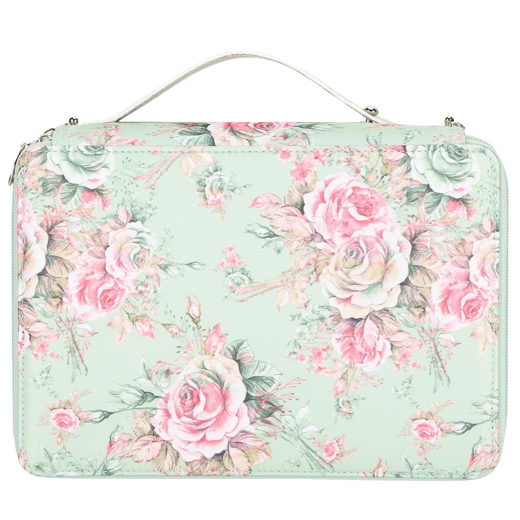 Pencil Case Rose Printed Multi Layer Zipper 252 Slots Portable Pen Holder Storage Pocket(Green Background Rose )