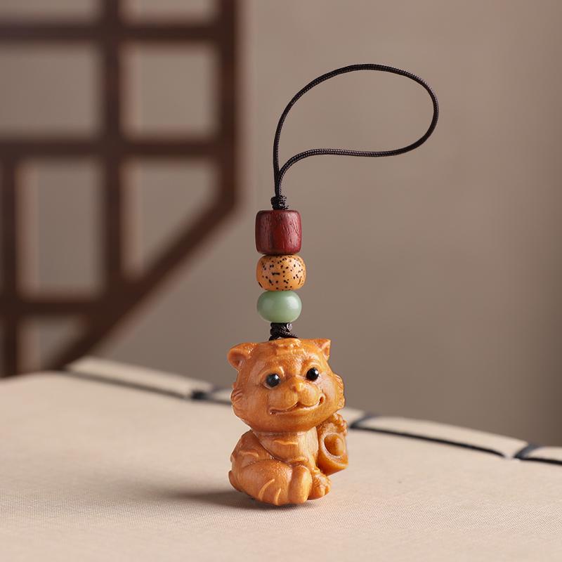 Sandalwood Zodiac Keychain: Rat, Ox, Tiger, Rabbit, Dragon, Snake, Horse, Sheep, Monkey, Rooster, Dog, Pig - Bag Pendant Gift