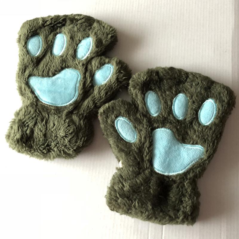 Korean Style Women's Half-Finger Plush Gloves with Embroidered Bear and Cat Paw Design