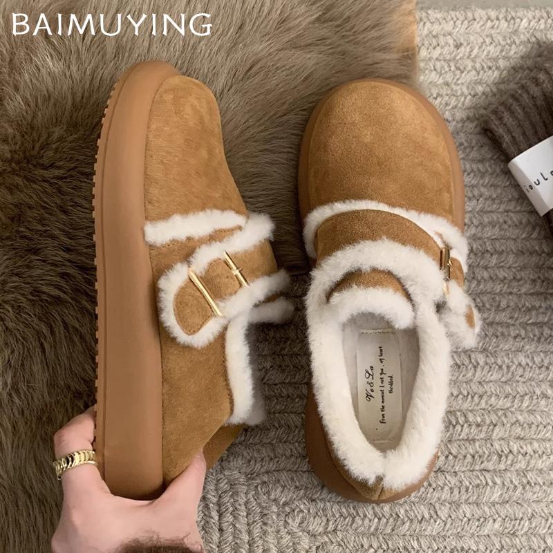 Fur Flats Women Loafers Shoes Suede Platform Buckle Casual Shoes Short Plush Boots 2024 Trend Winter Warm Cozy Zapatillas Ladies