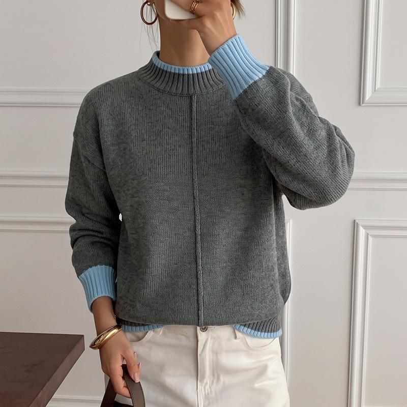 MIFICY Women's Fashion Casual Fall Winter Colour Block Print Long Sleeve Half Turtleneck Sweaters