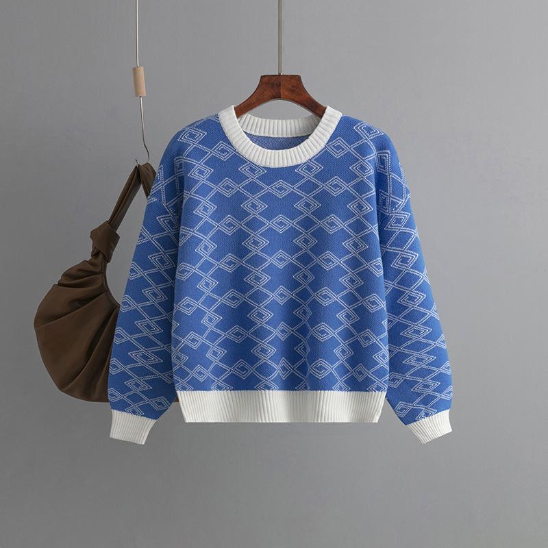 

Женский жаккардовый свитер с длинными рукавами на осень и зиму, свободный и универсальный топ с круглым вырезом one size синий