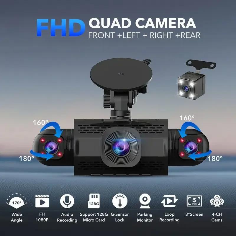 Telecamera per auto con registratore video a 4 canali, scatola nera, telecamera di guida FHD 1080P, anteriore sinistro destro posteriore, visione notturna, registrazione in loop, accessori per auto
