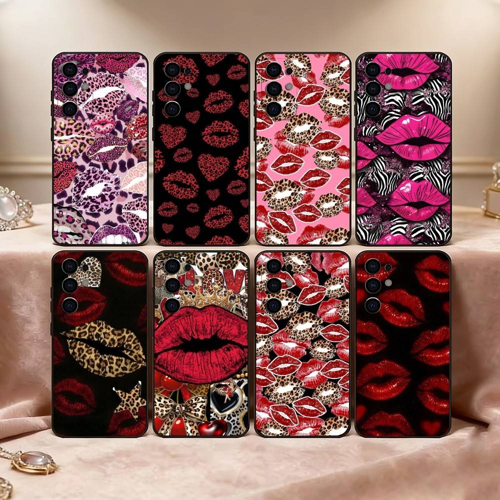 Lip print Phone Case For Samsung S25,S24,S21,S22,S23,S30,Ultra,S20,Plus,Fe,Lite,Note,10,Black Cover