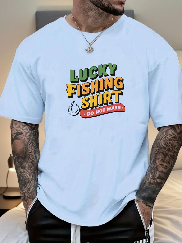 Mens Fishing Tshirt Lucky Fishing Print Short Sleeve Round Neck Breathable Soft Oversized Outdoor Daily Wear Tee