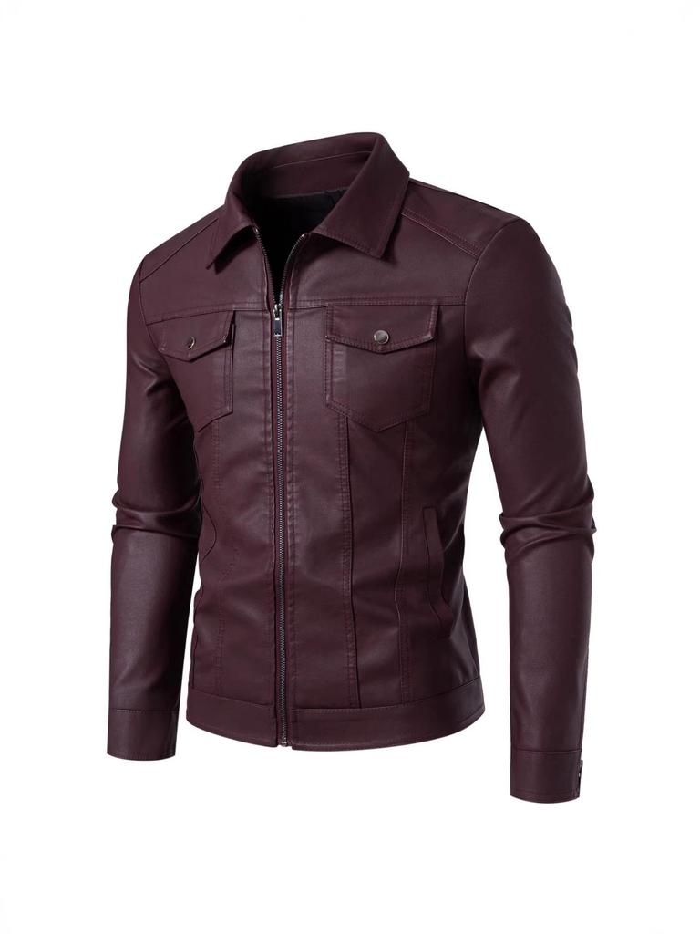 Men's Fleece-Lined PU Leather Motorcycle Jacket, Korean Style, for Spring, Autumn, and Winter.