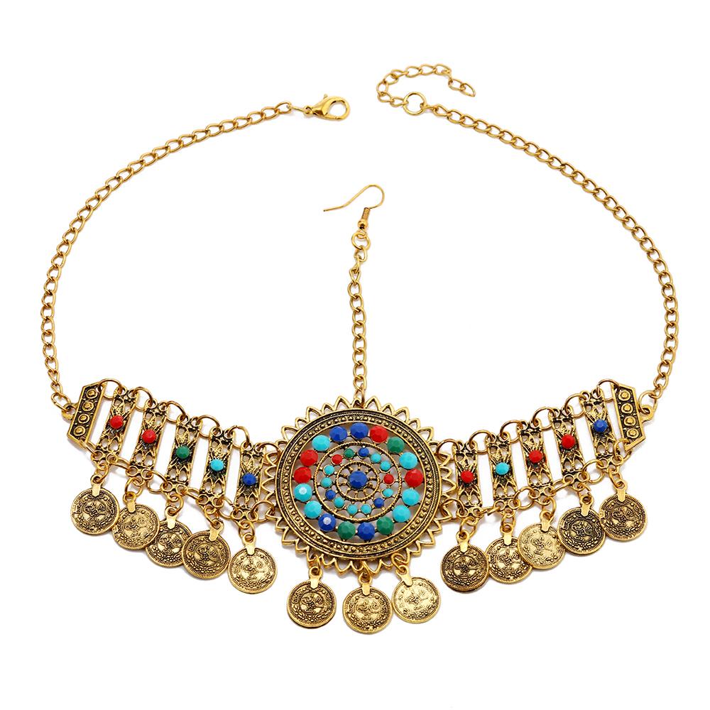 Bohemian Ethnic Indian Head Jewelry Retro Alloy Hollowed Out Colored Acrylic Coin Tassel Head Chain For Women Bridal Headdress