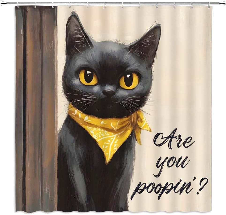 Shower Curtain Funny Black Cat Cute Animal Pet Modern Creative Bathroom Decor Curtains Set with Hooks, 70" W x 70" H