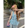 Summer New Women's Plaid V-neck Sleeveless Vest Ruffle Pleated Top