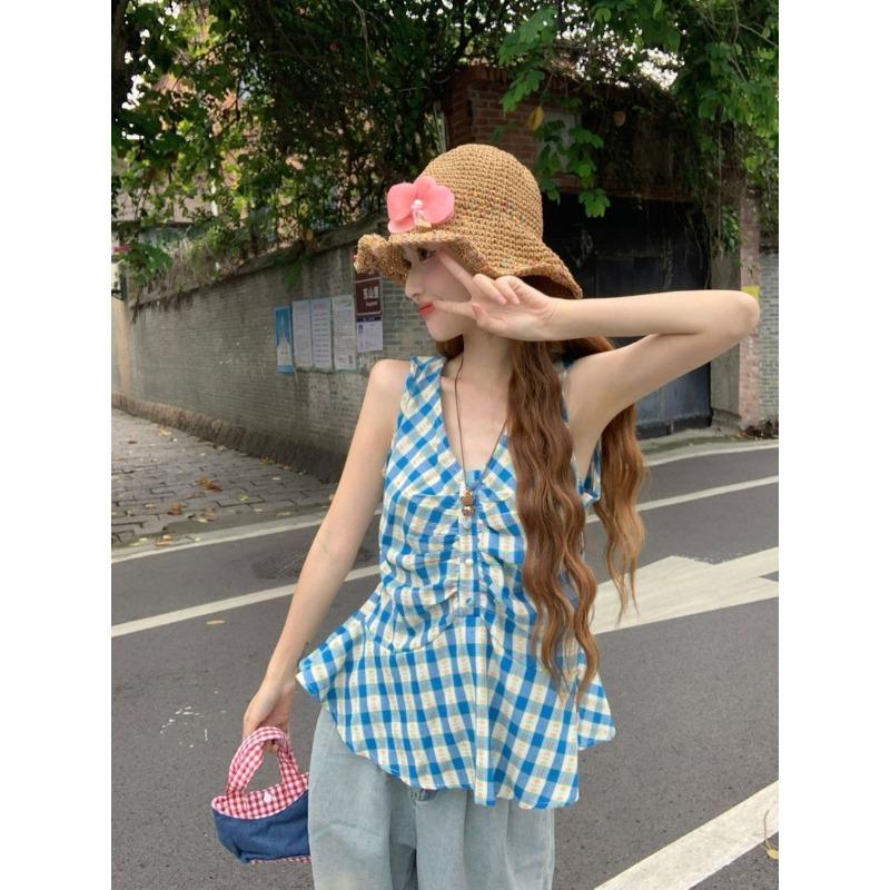 Summer New Women's Plaid V-neck Sleeveless Vest Ruffle Pleated Top