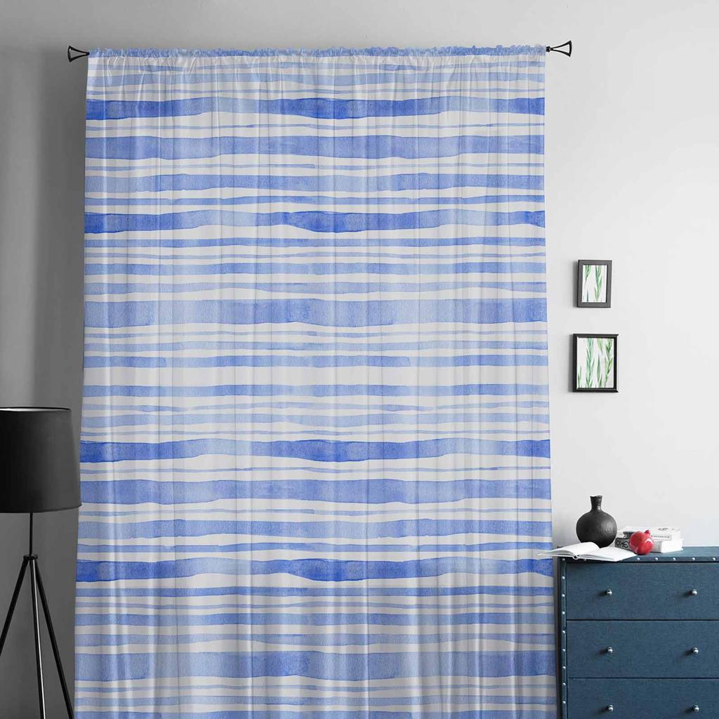 Watercolor Striped Blue Tulle Window Curtains for Bedroom Luxury Home Decor Drapes In Living Room Chiffon Panels