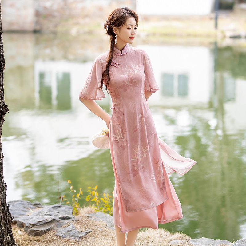 Elegant Pink Ao Dai Cheongsam Skirt - 2024 Summer Light Style