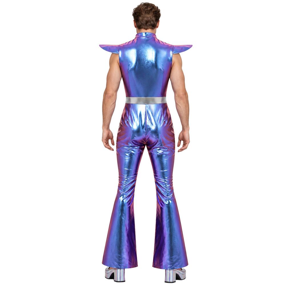 Retro 70er Disco Club Jumpsuit für Herren Flatterärmel Reißverschluss vorne Farbverlauf Pailletten Oberteil Schlaghosen Color Block Unitard Halloween