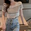 Gestreifter Strick Sommer Locker Retro Achselstreifen Rundhals Vielseitig Kurzärmelig Damen Oberteil Tide Lässig Essentiell Komfort Stil Slim Fit Pullover T-Shirts