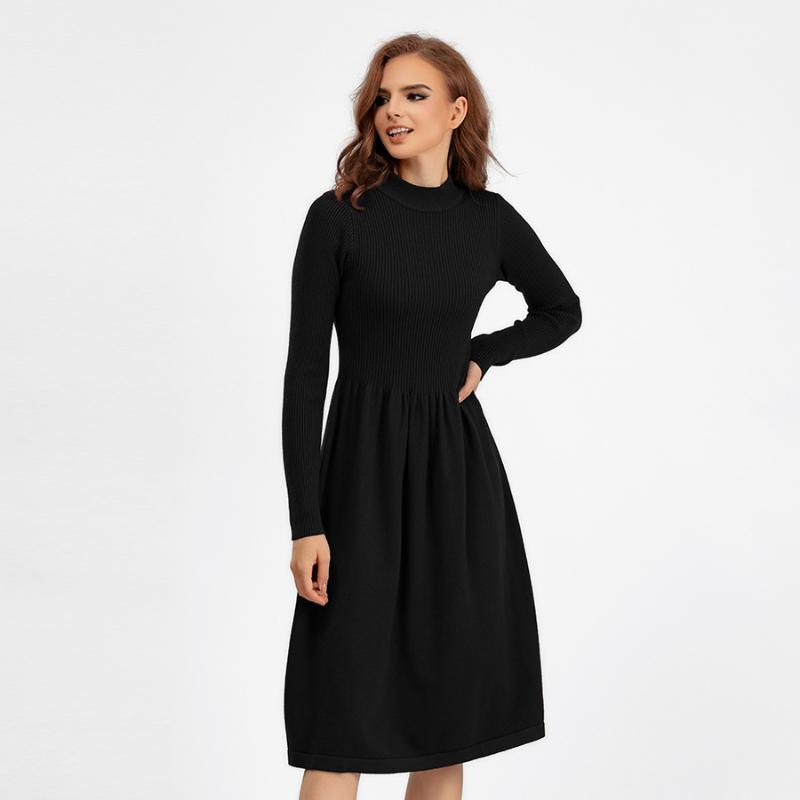 Dámské jarní šik jednobarevné pletené svetrové šaty s polovysokým límcem, polovysoký límec dámské temperament černá modrá khaki meruňková fuchsiová