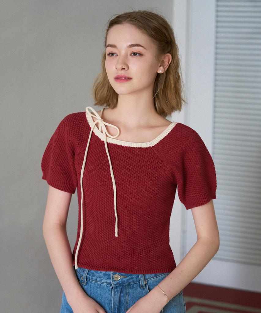 Deuloupisumeon Ballon Ribbon Square Knit Top [Red]
