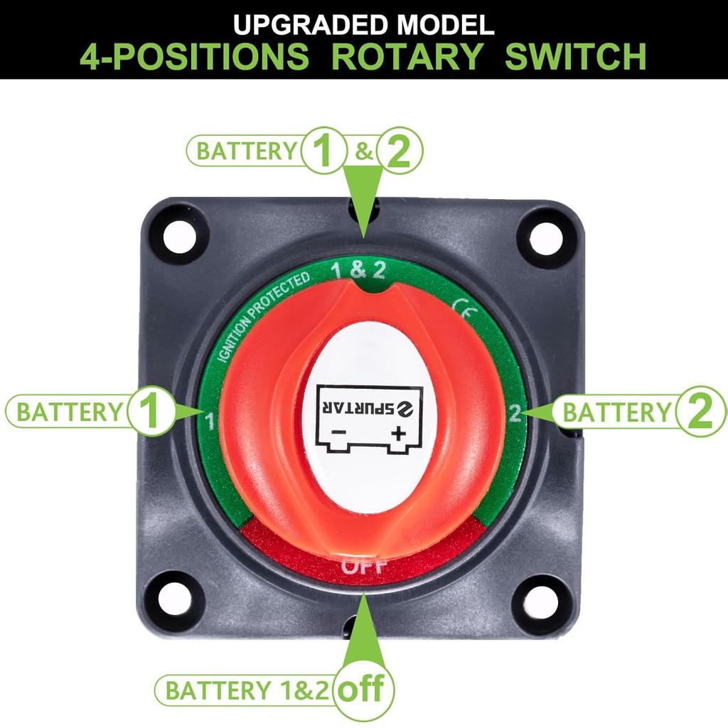 Spurtar Car Battery Disconnect Switch 12V 24V 48V 1-2-Both-Off Battery Kill Switch Power Cut Off Shut Off Waterproof Isolator For Marine Boat Car ATV