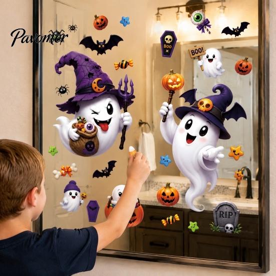 PVC Window Scenery Halloween Witch Hat Ghost Clings, Spiders Bat Pumpkin Spooky Clings Stickers for Home Holiday Party Store Glass Decoration