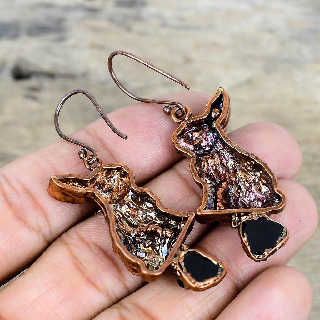 Black Tourmaline Rough Earring Electroformed Copper Earrings Gemstone Rabbit Earring Electroformed Jewelry Gifts for Women Handmade Earring