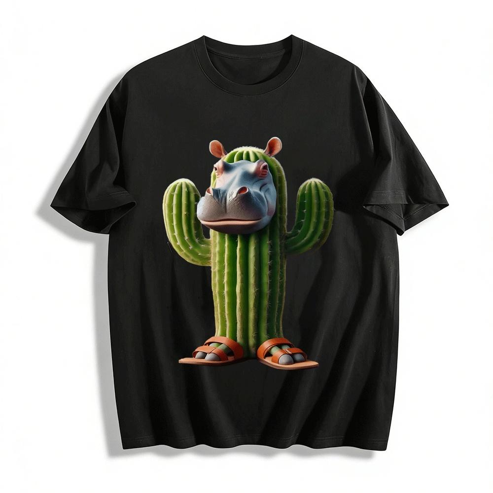 

Hippo Cactus Creative Print Casual Short Sleeve T-Shirt Pure cotton T-shirt XXS
