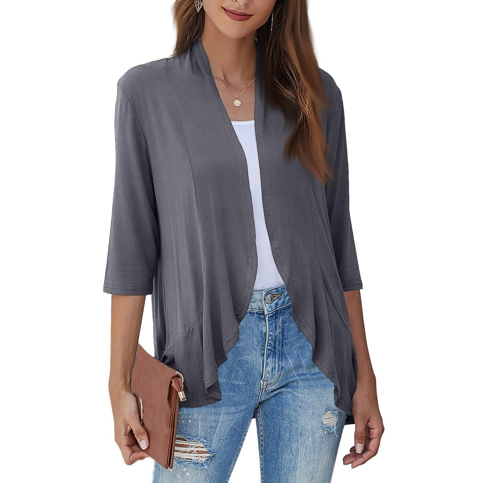 

Женский модный повседневный кардиган с рукавом семь восьмых, однотонный, с оборками S