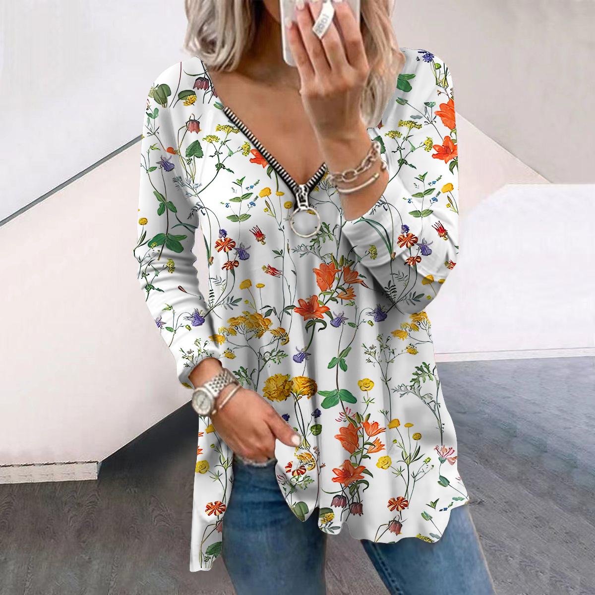 

Женские осенние цветочные оранжевые красивые цветочные футболки с длинным рукавом, свободные футболки с V-образным вырезом больших размеров, удобные блузки 8XL оранжевый