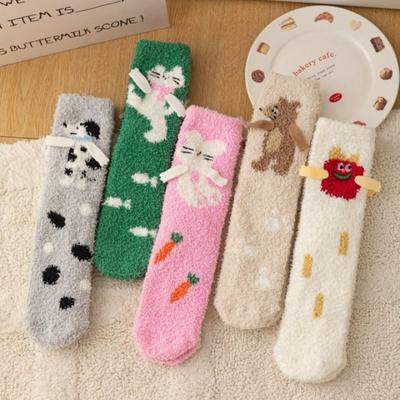 Herbst- und Winter-Korallenfleece-Socken, Damen-Cartoon-Socken, Halbfleece-Verdickte Heim-Bodensocken, Schlafsocken, Mittelhohe Damensocken