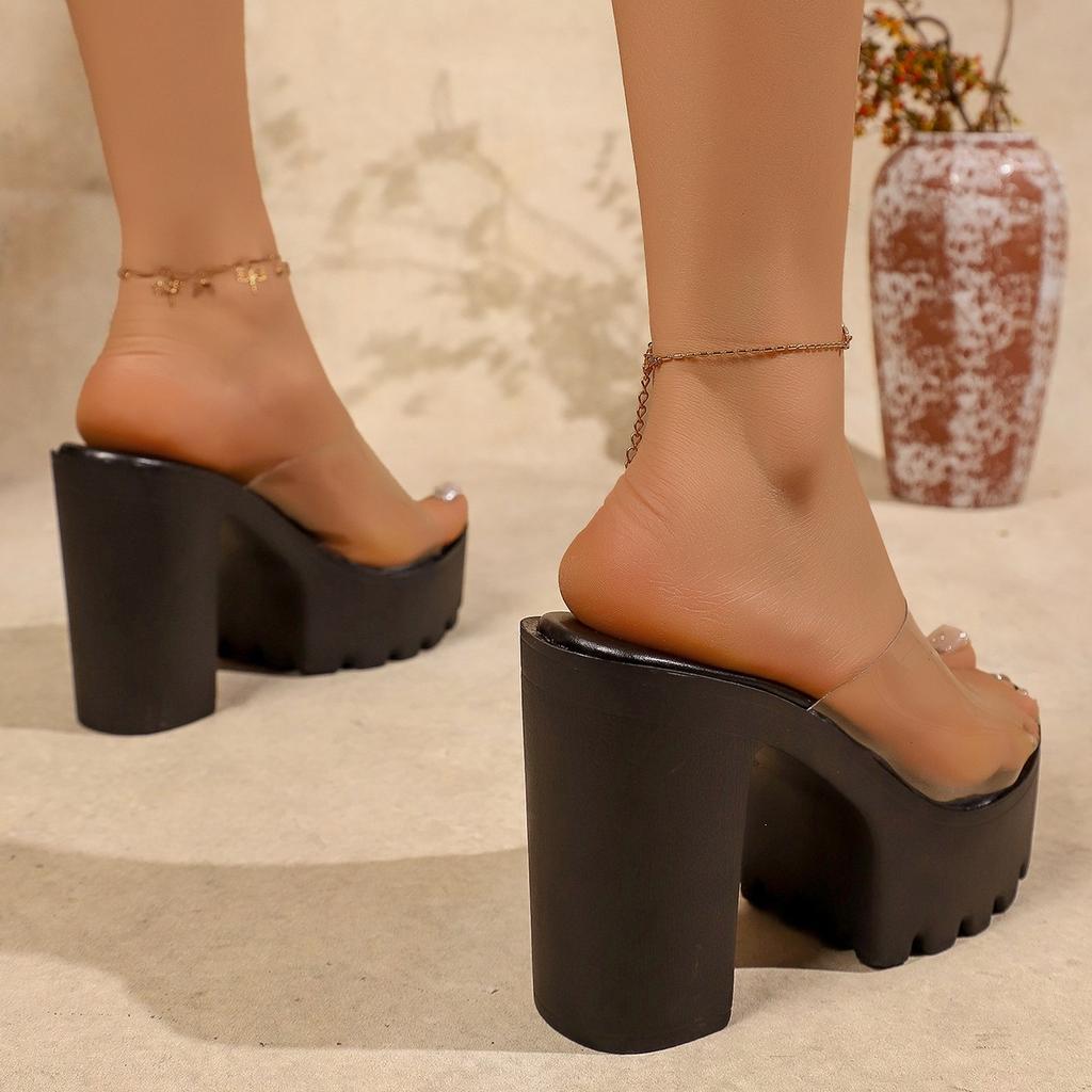 Transparent One-Band Open-Toe Platform Thick-Sole Slippers – 11cm Chunky Heel Women's Sandals