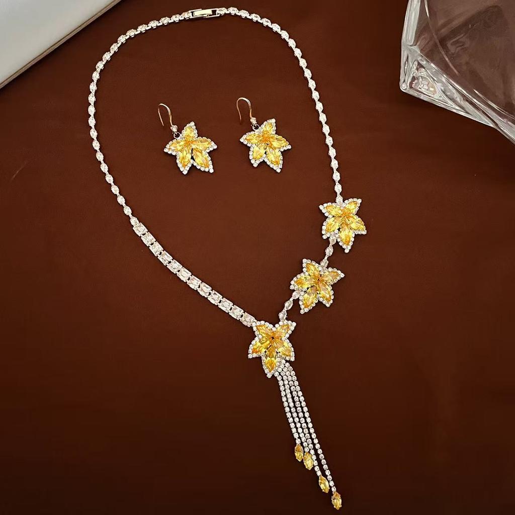 20 Maple Leaf Flower Zircon Necklace Earrings Set Handmade Zircon Exquisite Jewelry Set