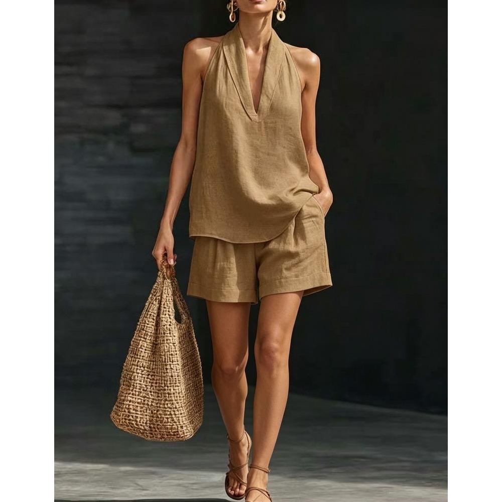 Damen Lässiges V-Ausschnitt Kurzarm Top & Weite Hosen Zweiteiliges Set, Lockeres Entspanntes Outfit für den Sommer