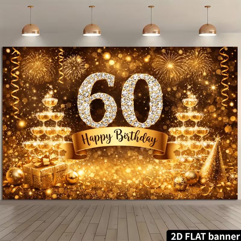 2D Luxury Black Gold Bokeh 60 Years Old Birthday Photography Backdrop Banner