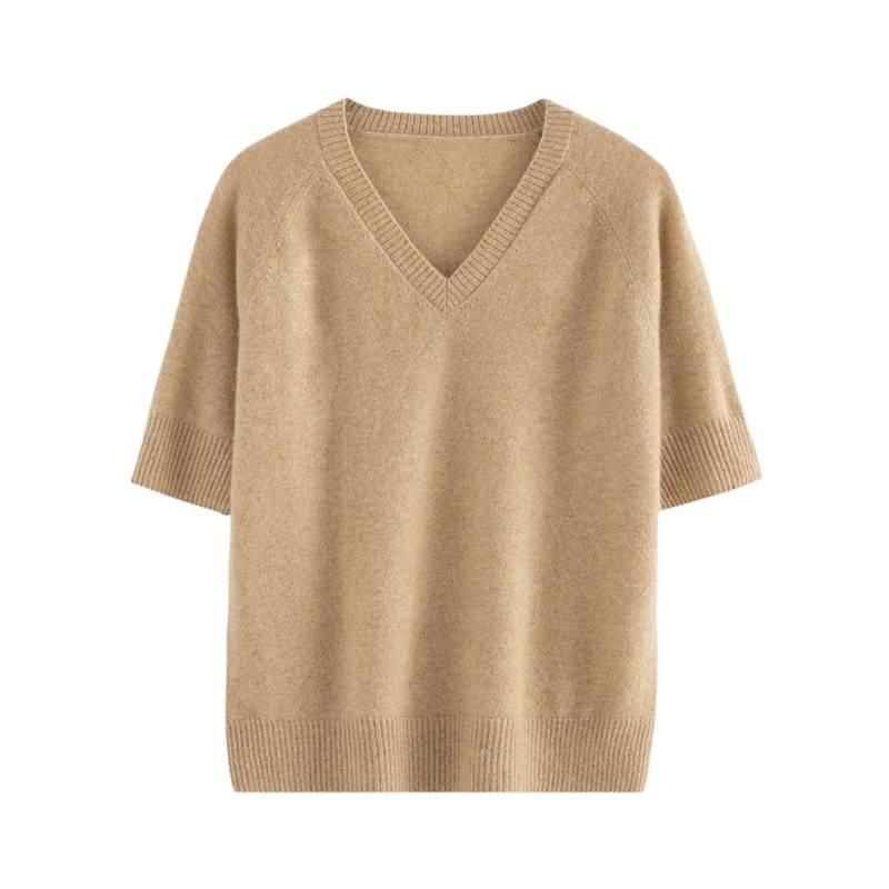 Women's Cashmere V-Neck Raglan Sweater - Short Sleeve, Solid Color, Autumn/Winter Thin Knit T-Shirt