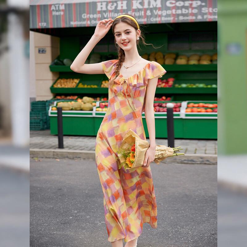 French Retro Ruffled V-Neck A-Line Maxi Dress S