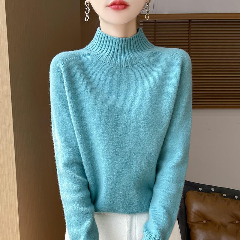 Women's 100% Pure Wool Half-High Neck Long-Sleeve Pullover Sweater - Thickened Base Layer for Autumn and Winter