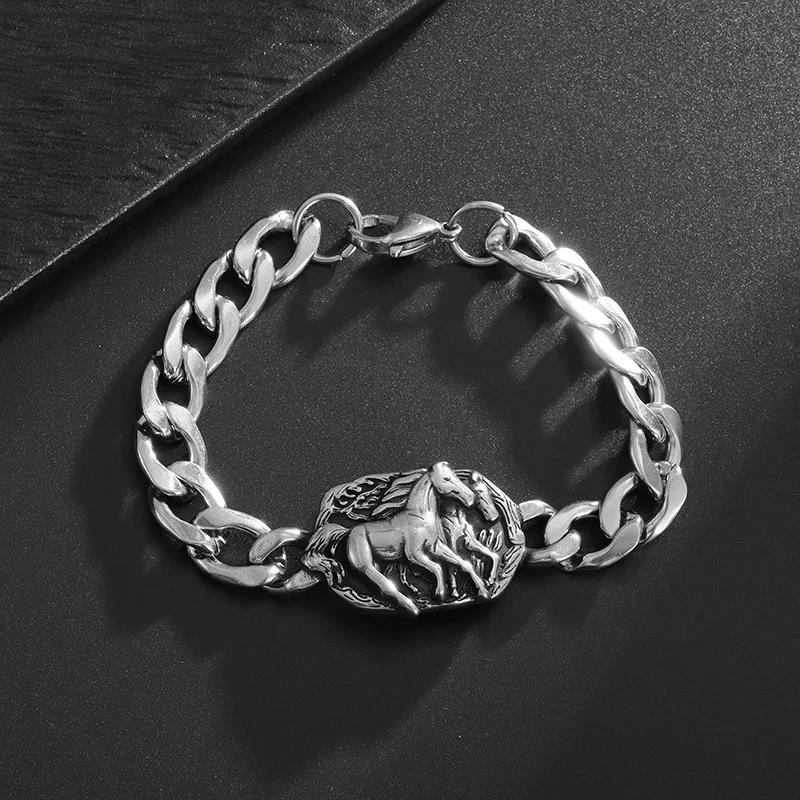Retro Domineering Stainless Steel Horse Benz Cuban Chain Bracelet Men's Punk Cool Street Party Jewelry Gift