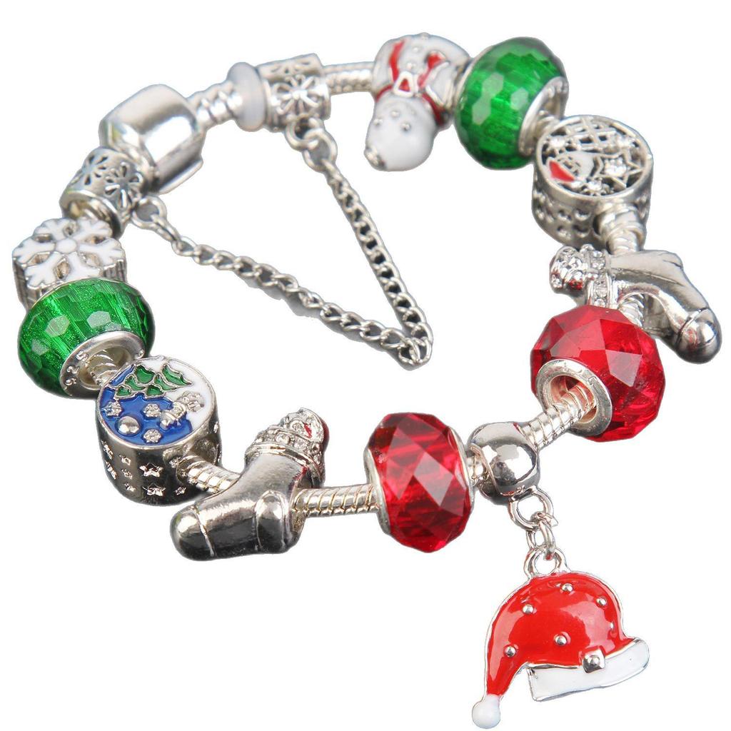 Vintage Christmas Beaded Bracelet for Women with European and American Influences, Hollowed-out Design, Christmas Hat Beads, Pandora-Style Jewelry