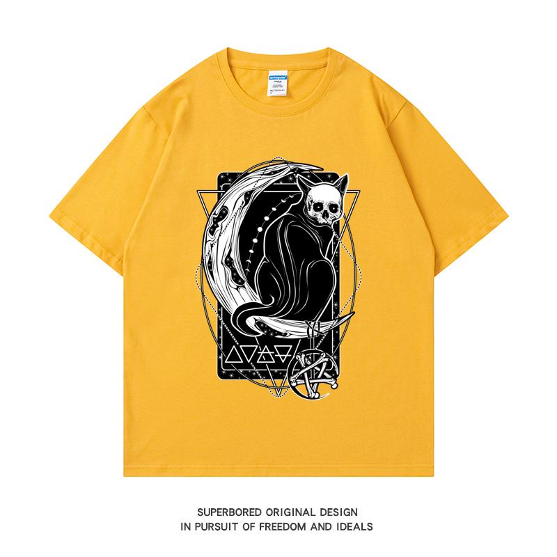 

220 GSM тяжелая футболка из 100% хлопка футболка с котом демоном, сидящим на луне, с принтом, мужские повседневные базовые мужские топы с круглым вырезом, футболка