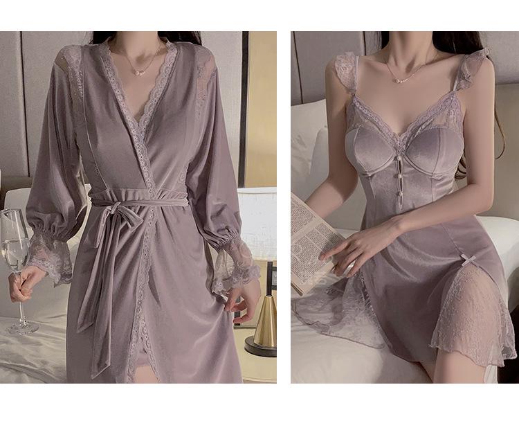 Gorgeous Lace See-Through Deep V Velvet Nightgown & Robe Set with Padding - Sweet Temptation 3908