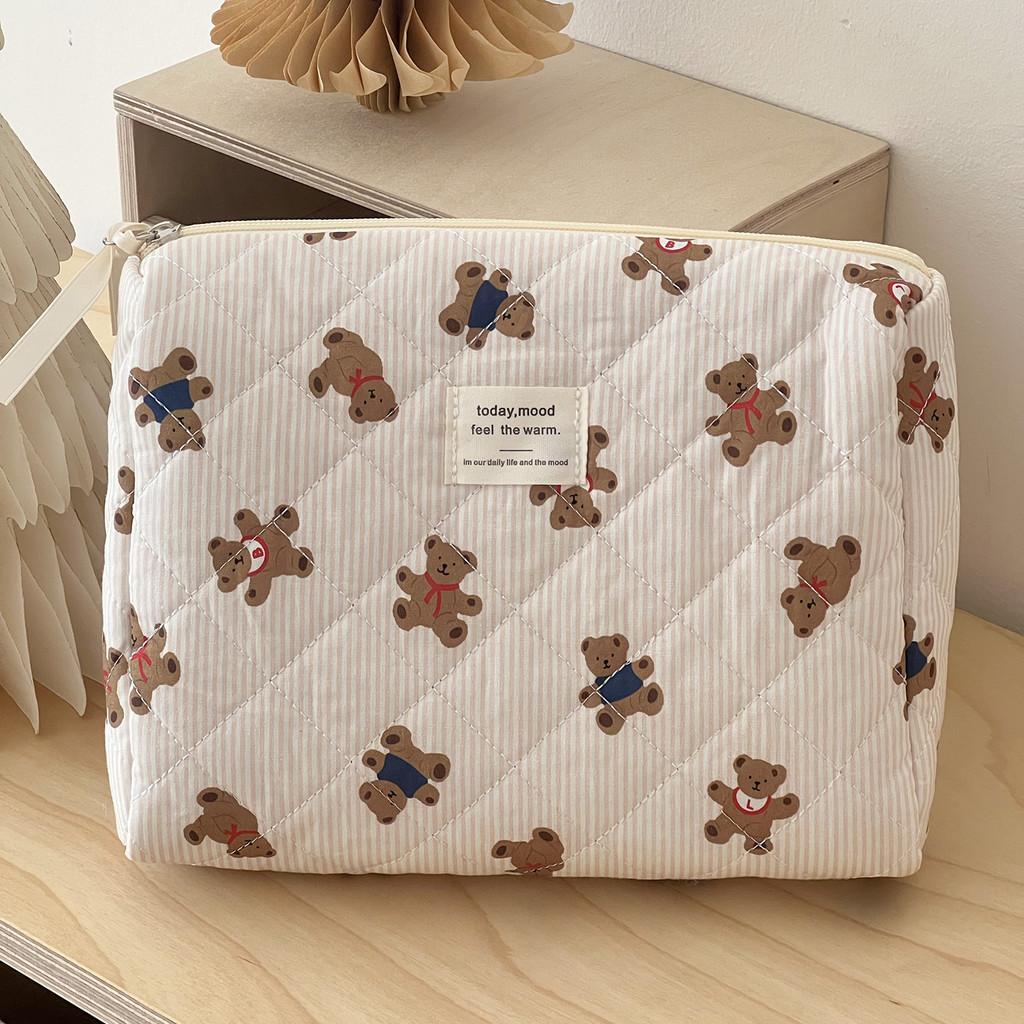 Blue Striped Bear Cosmetic Bag With Quilted Storage For Daily Use And Travel