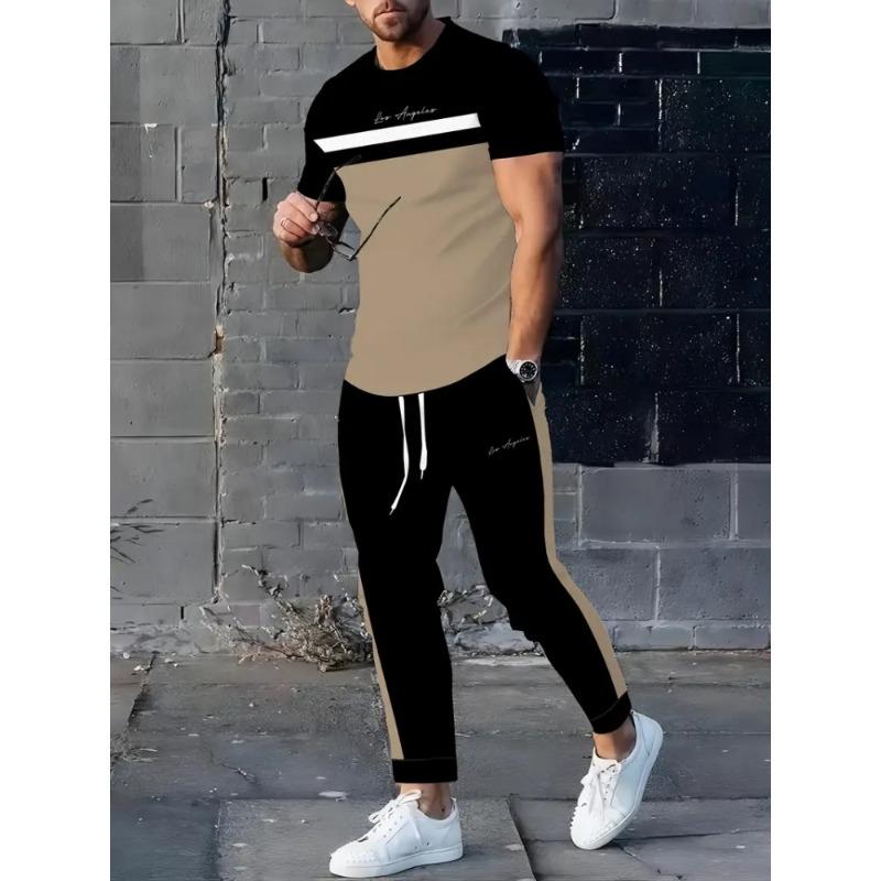 Autumn Street Fashion Men's Casual Long Pants Set, Two-color Spliced Men's Casual Round-neck And Casual Long Pants S-3XL