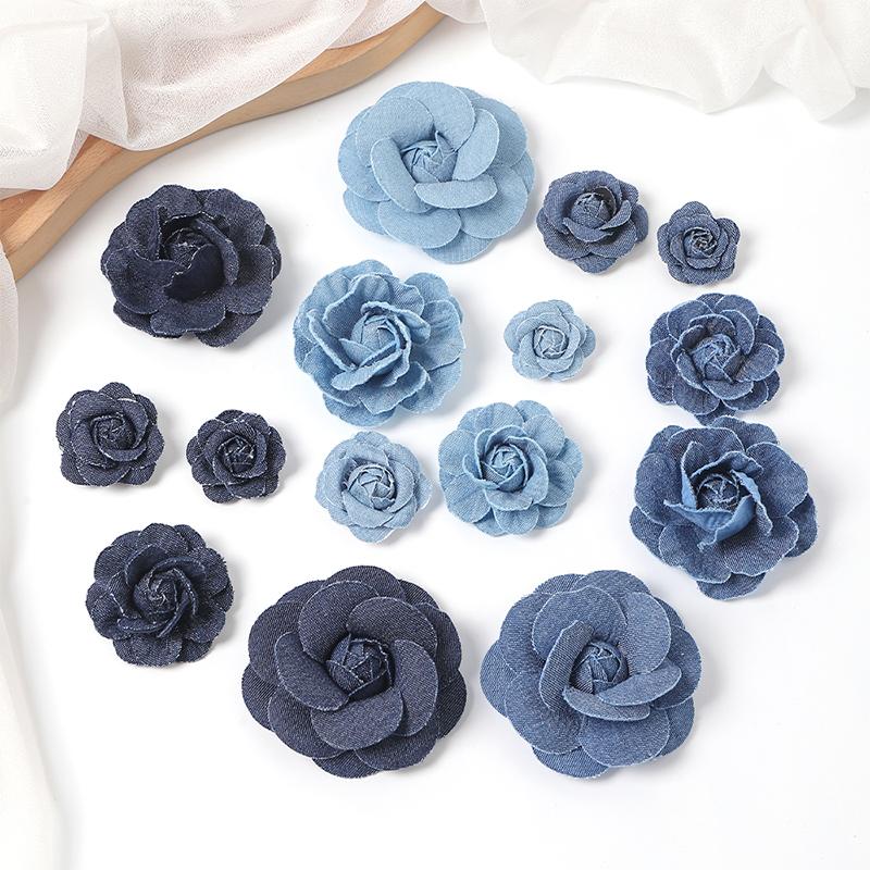 3/5Pcs 3.5/4.5/5/7/7.5CM Denim Artificial Blue Fabric Camellia Flower for Wedding Decor Women Handmade Cloth Corsage Accessory