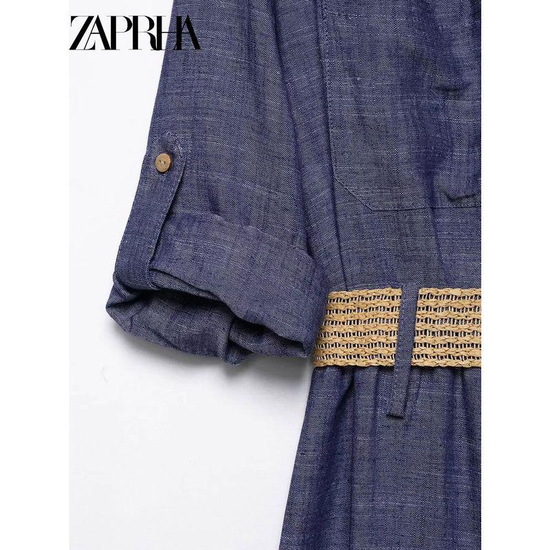 Zaprha 2025 New Arrival with Belt Lapel Long Sleeves Midi Skirt Dress Waist Slim Looking Elegant 2843787
