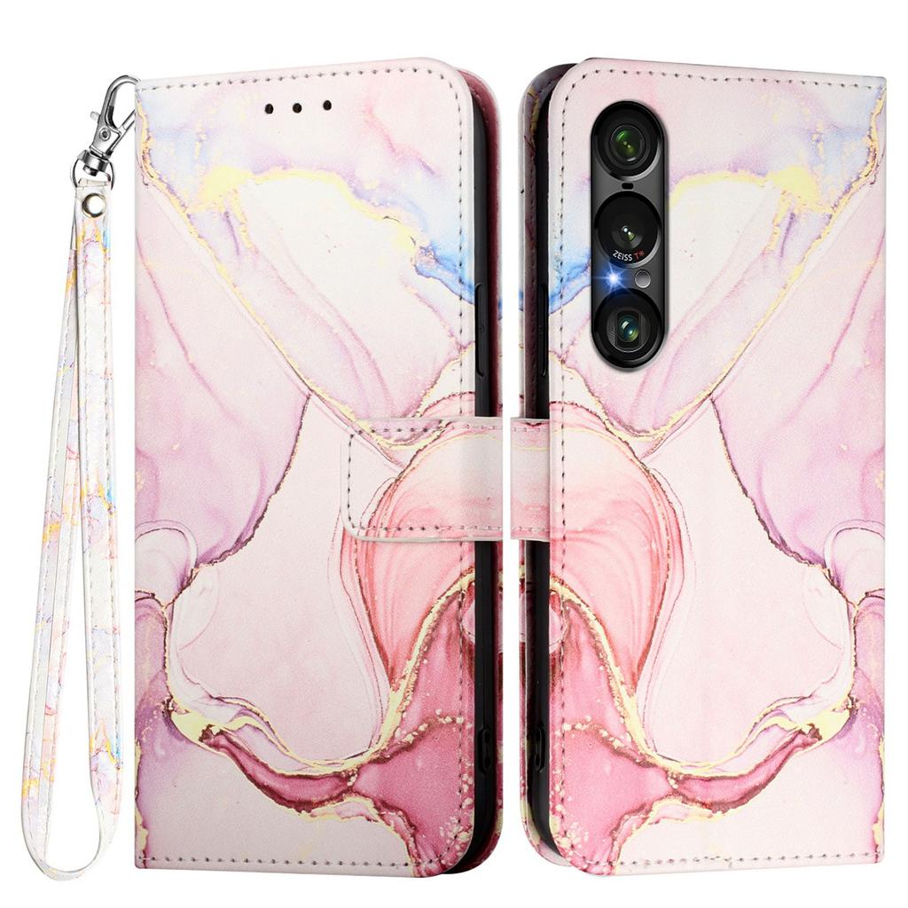 For Sony Xperia 1 VII Case with Strap Marble Pattern Leather Phone Cover Card Holder
