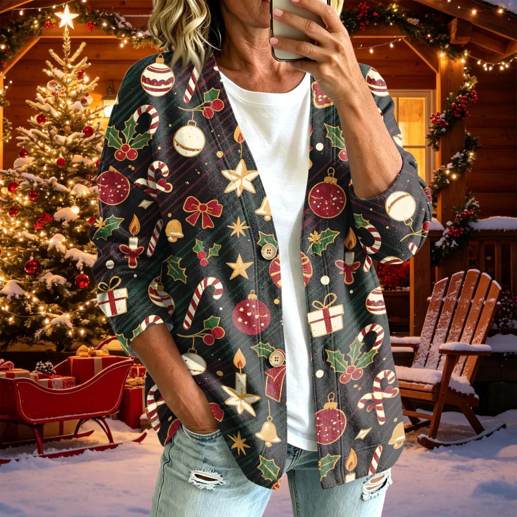 Women's Casual Christmas Print Long Sleeve Jacket for Fall Winter Holiday Wear